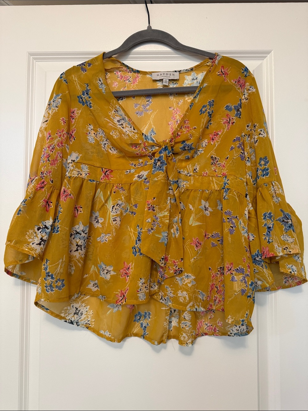 Hayden Mustard Floral Tie-Front Peplum Blouse